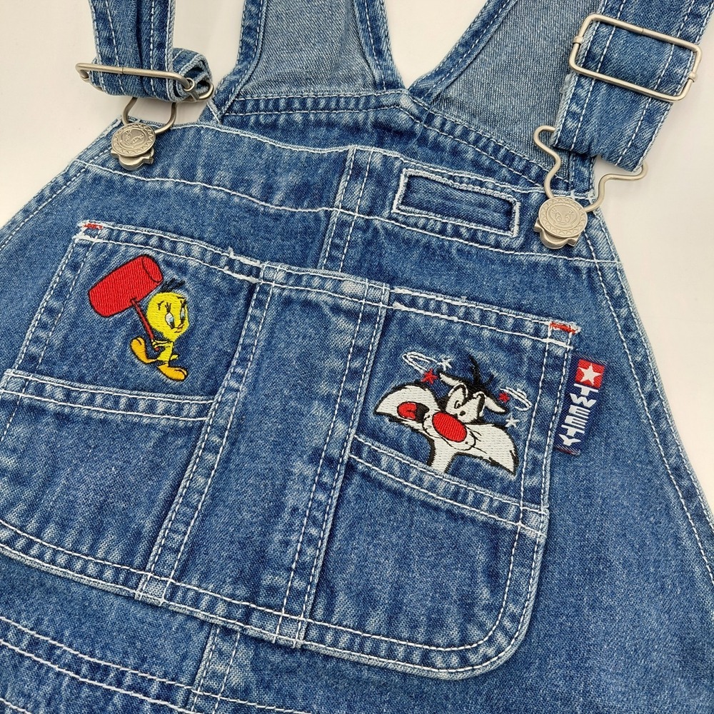 Vtg Looney Tunes Denim Overall Shorts Youth L 10/12 Tweety Sylvester 90s Y2K